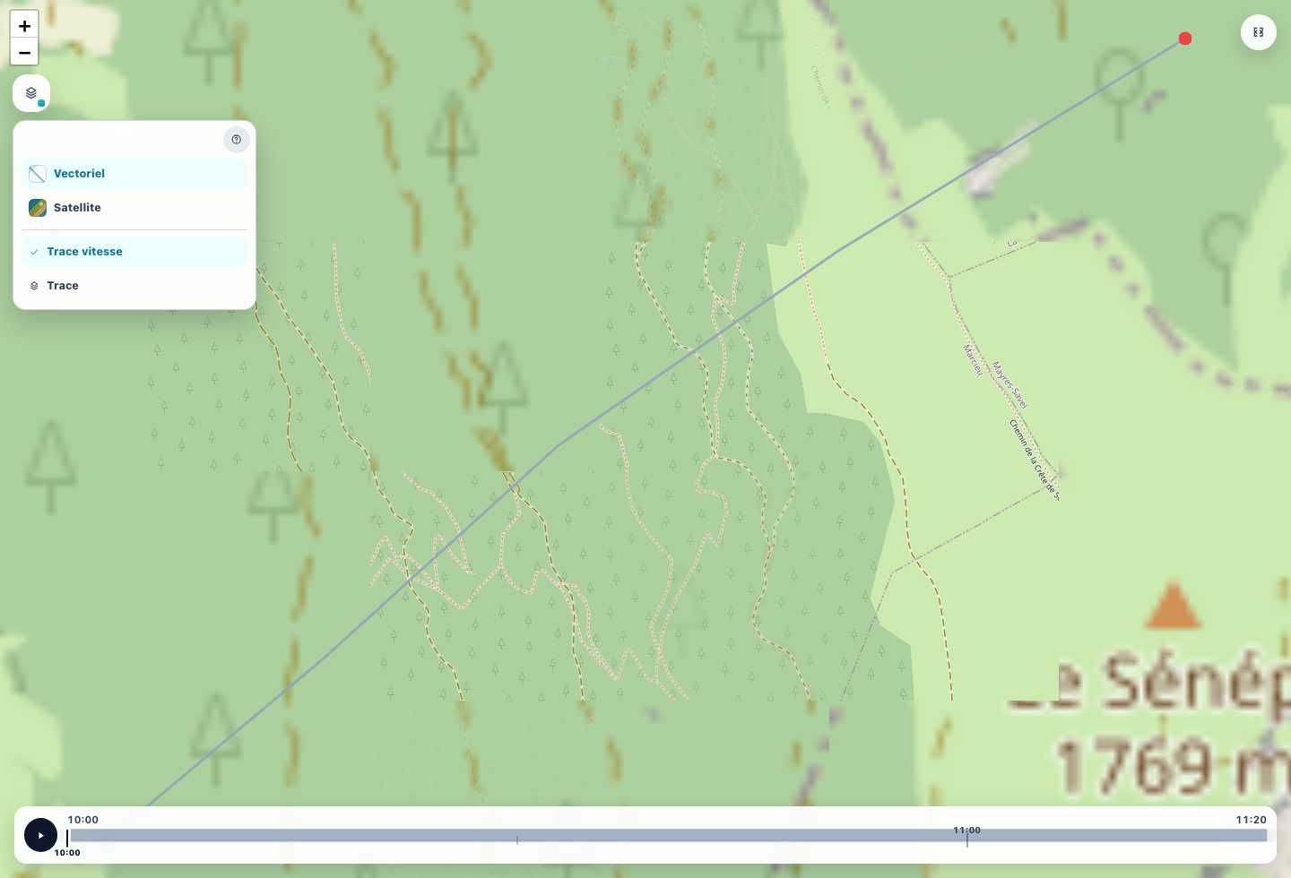 Pétole session track map with the layer contextual menu open.